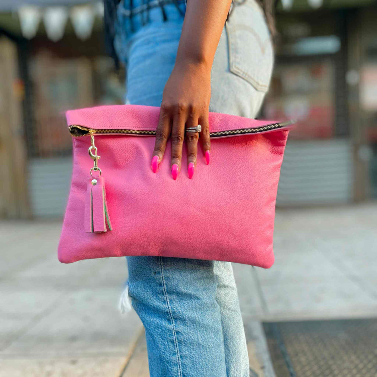 Genuine Leather Nellie Clutch In Candy Pink The Lettered Greek Atelier