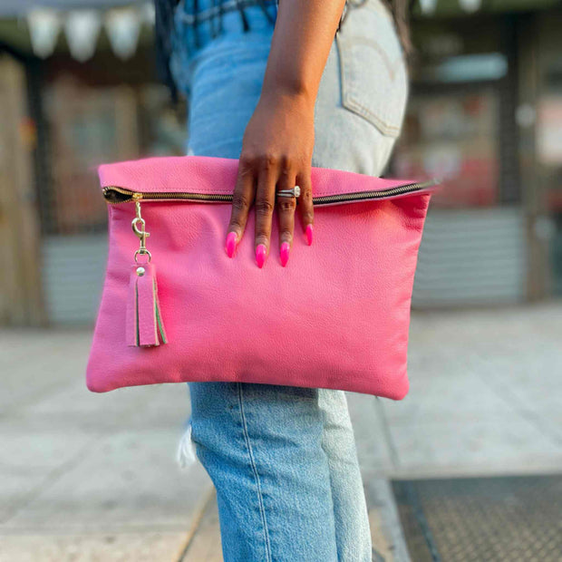 Genuine Leather Nellie Clutch In Candy Pink